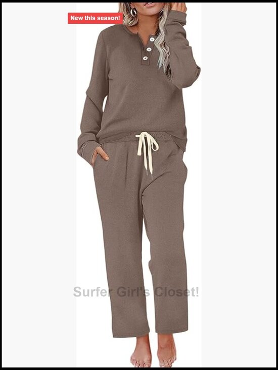 Pants - Two Piece Lounge Set Button Down Sweatsuit Wide Leg Sweatpants with Pockets